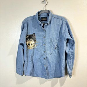 Vintage 80s 90s Wolf Shirt Size Large L Jean Denim Button Front Harvard Square